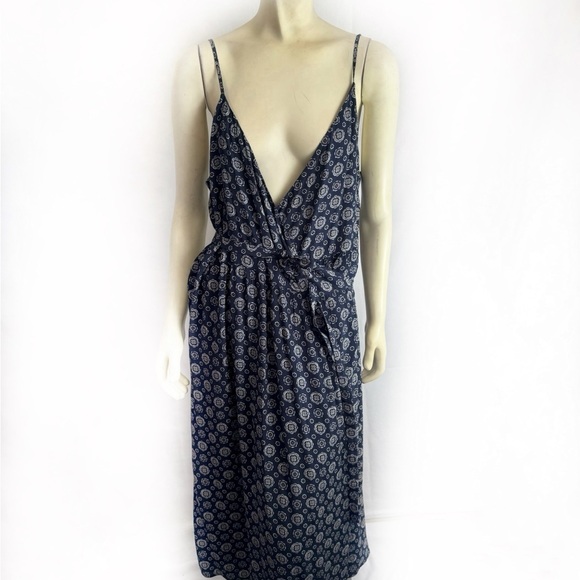 FRANK AND OAK NAVY CREAM GEO PATTERN SPAGHETTI STRAPS WRAP DRESS XL - Picture 3 of 7